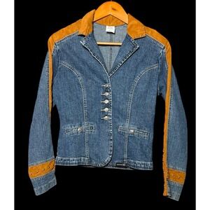 Western Ethics Vintage Denim Suede Trim Stretch Denim Shirt Jacket Size Medium